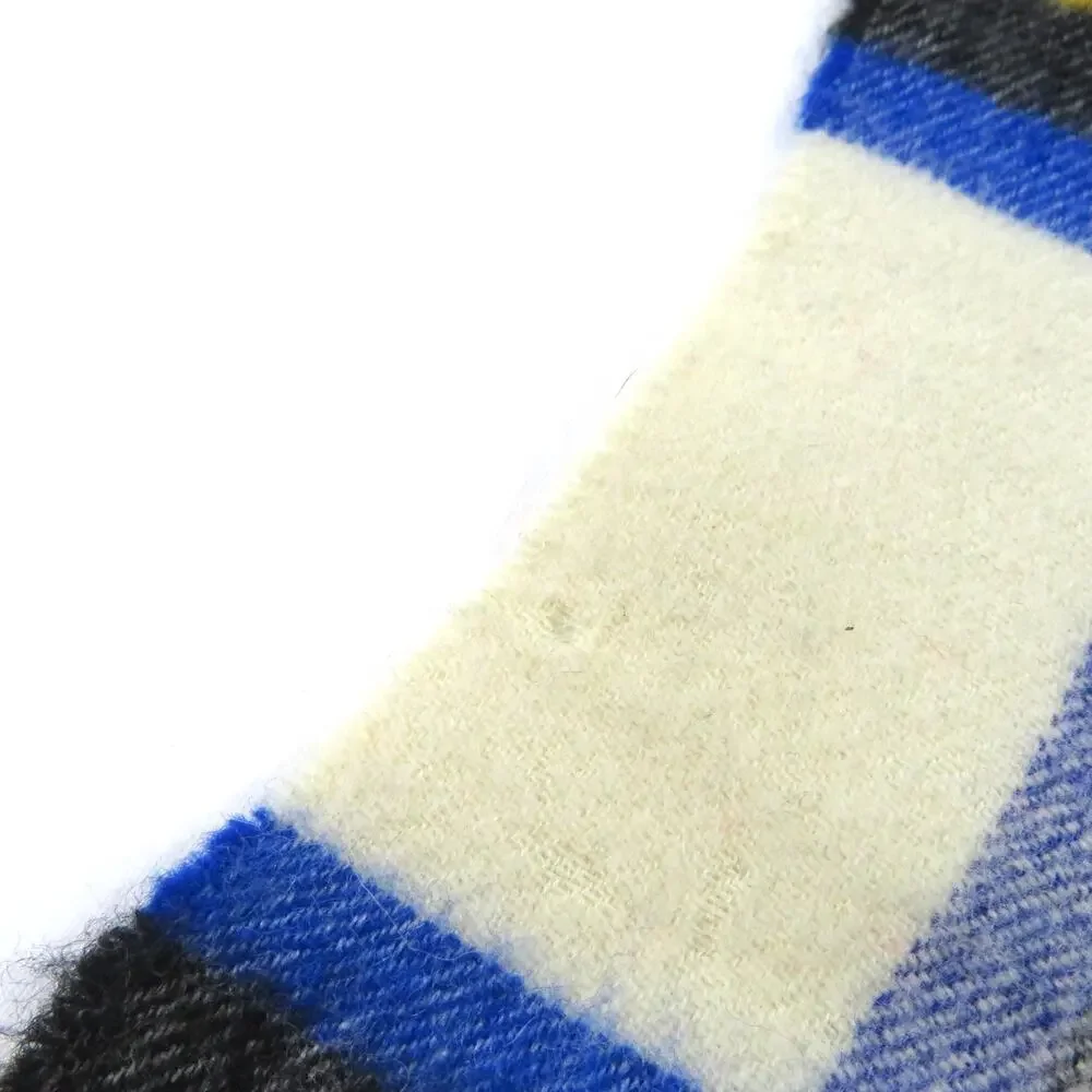 Vintage Wool Plaid Ivory Green Blue Black Yellow Red Scarf With Fringe 50x11.5